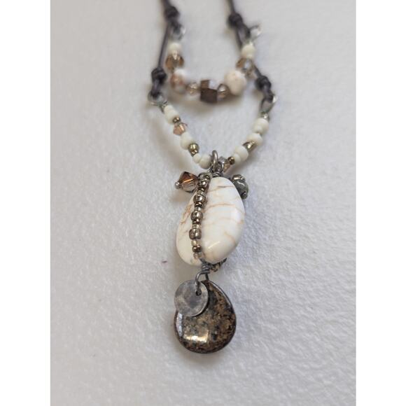 Peyote Bird Stone Pendant Leather Necklace Beaded Boho Western Neutral Hippie - Picture 1 of 5
